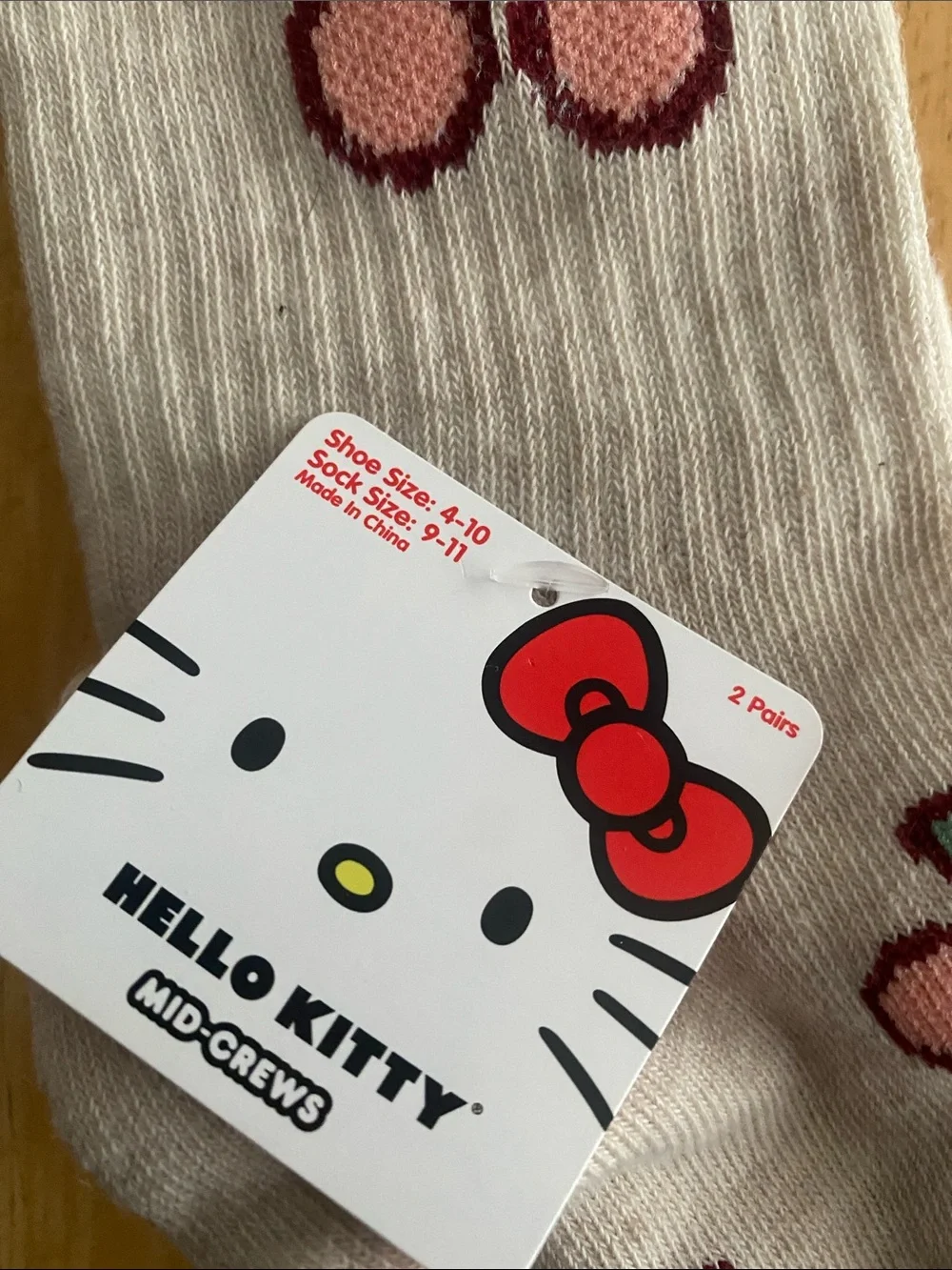 Hello Kitty 2 pair mid crew Socks Beige with Pink Cherries Other has bows. NWT